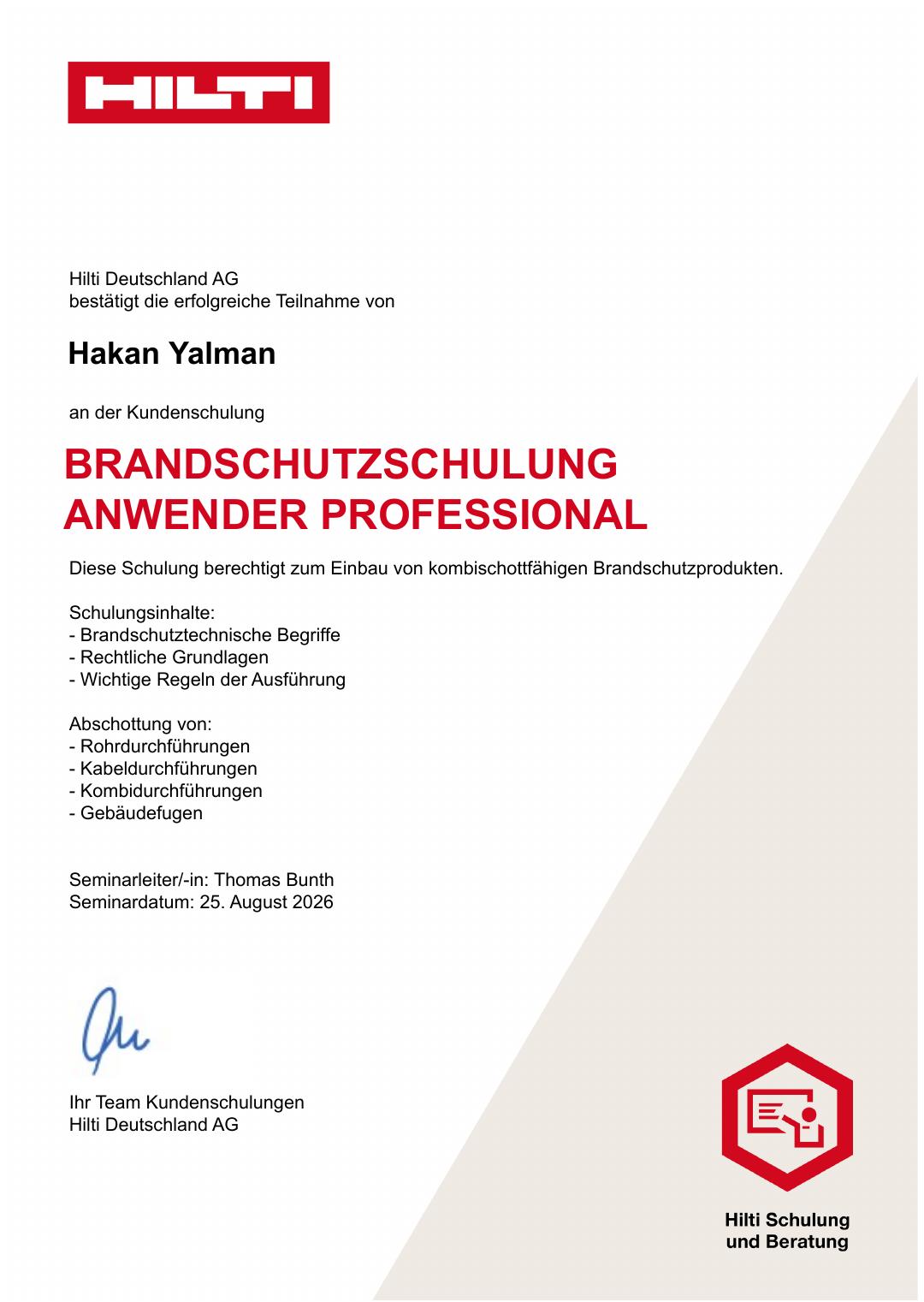 Teilnahmebescheinigung Hilti Brandschutzschulung Anwender Professional